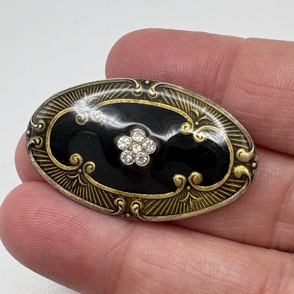 Vintage Catherine Popesco Brooch Gold Tone Black Enamel Rhienstones